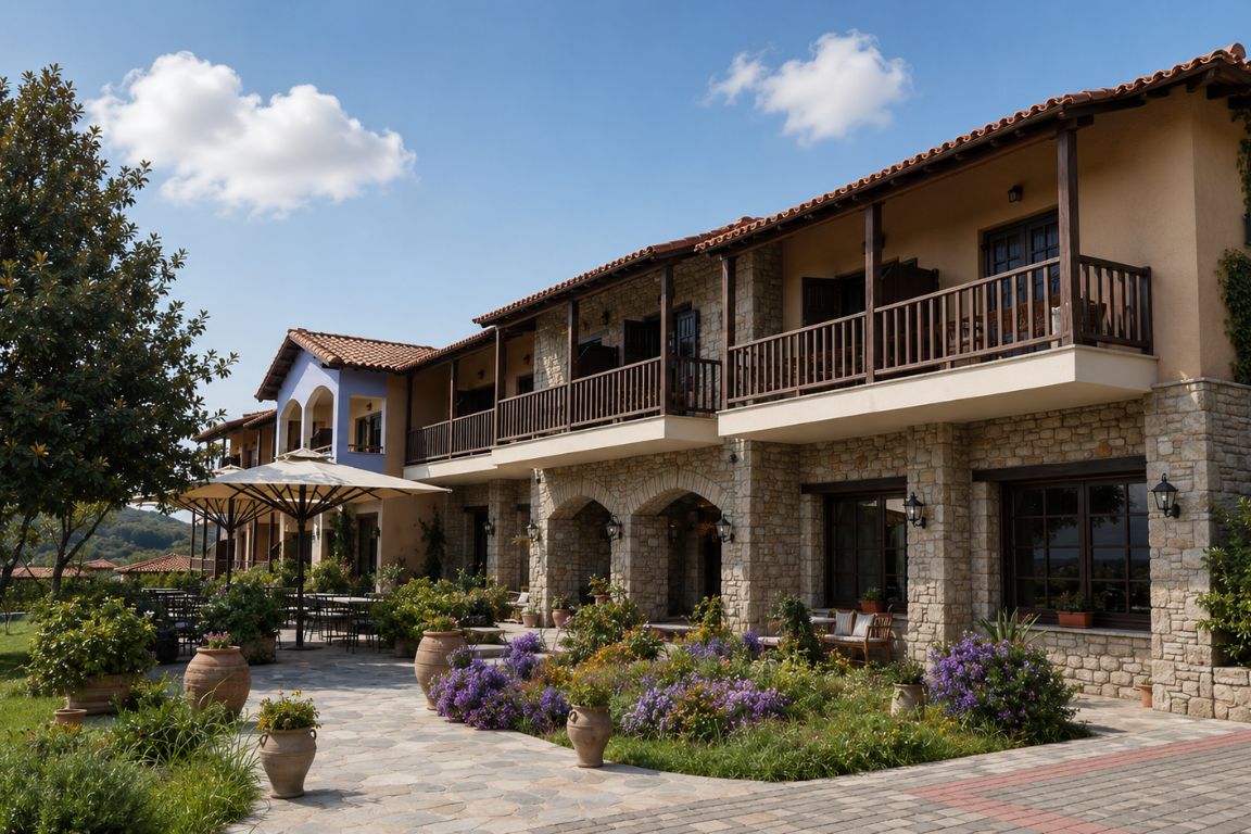 Traditional Doupiani House featuring stone walls, wooden balconies, and lush gardens, visited during a guided Meteora tour with Meteora Tours