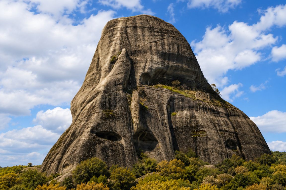Iconic Doupiani Rock in Meteora, Greece, with its towering sandstone walls and striking geological features, visited during a guided tour with Meteora Tours
