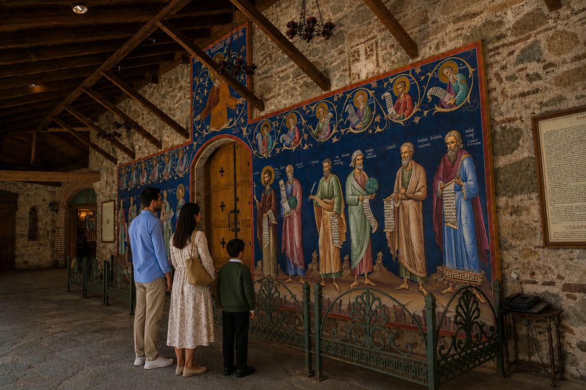Family admiring colorful Byzantine frescoes inside the Grand Meteoron Monastery during a guided Meteora tour with Meteora Tours