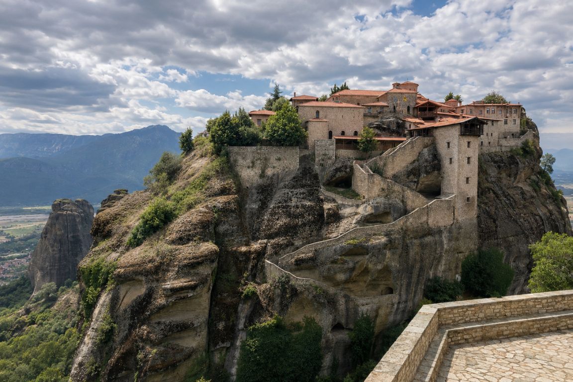 The historic Great Meteoron Monastery standing high above the Meteora Valley, captured during an unforgettable monastery tour with Meteora Tours