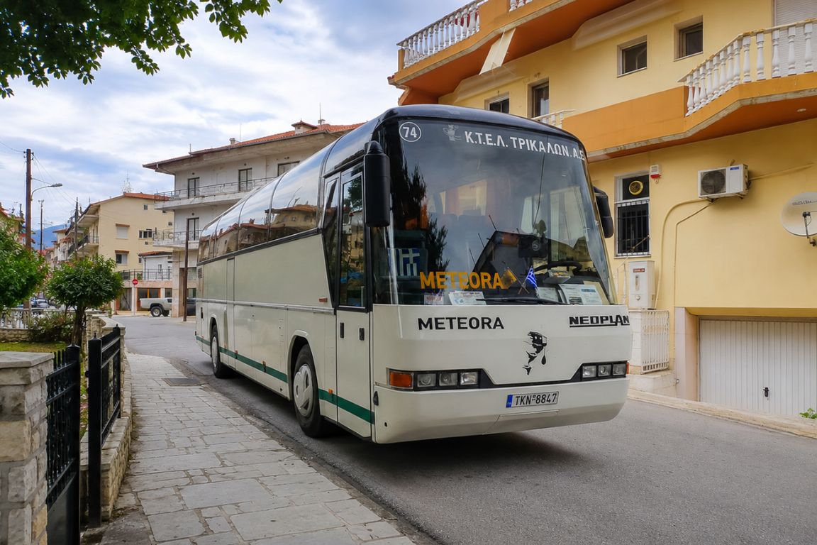 KTEL public bus to Meteora parked in Kalambaka, photographed during a guided Meteora tour with Meteora Tours
