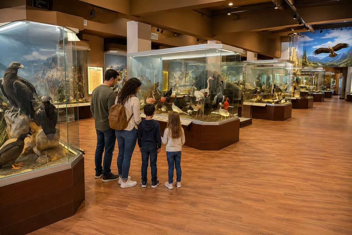 Family enjoying the Natural History Museum's wildlife exhibition halls during a Delphi and Meteora tour with Meteora Tours