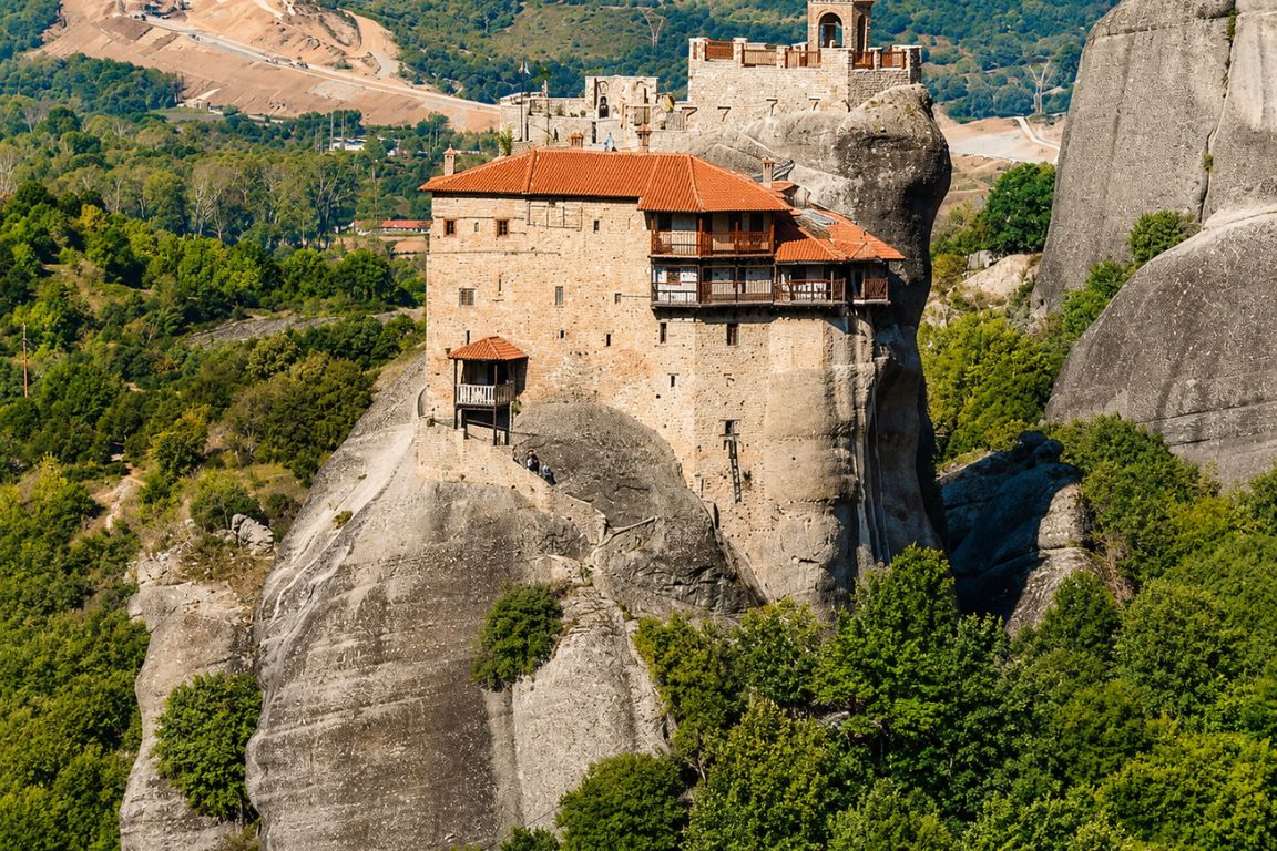 St. Nicholas Anapafsas Monastery perched on a towering rock formation in Meteora, Greece, photographed during a guided sightseeing tour with Meteora Tours