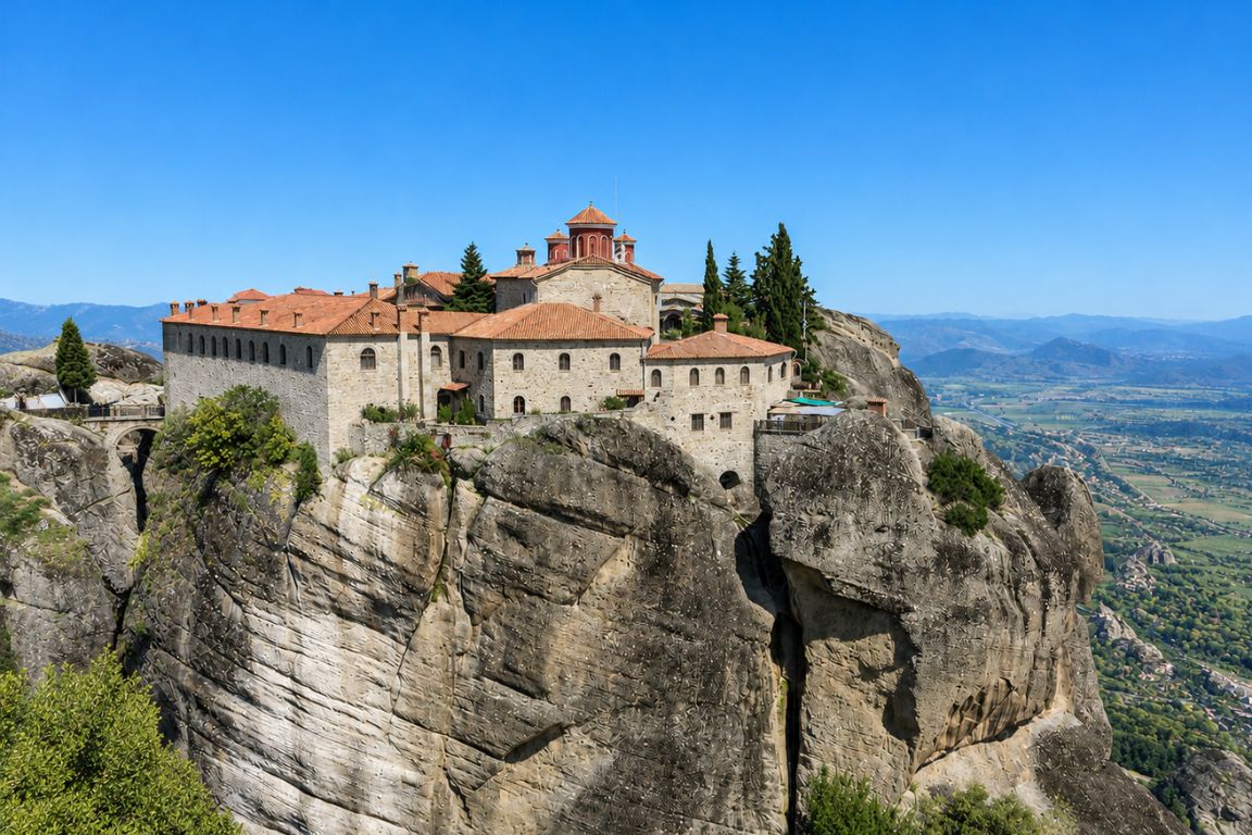 Beautiful St. Stephen's Monastery surrounded by towering rock formations and sweeping mountain views during a cultural excursion with Meteora Tours