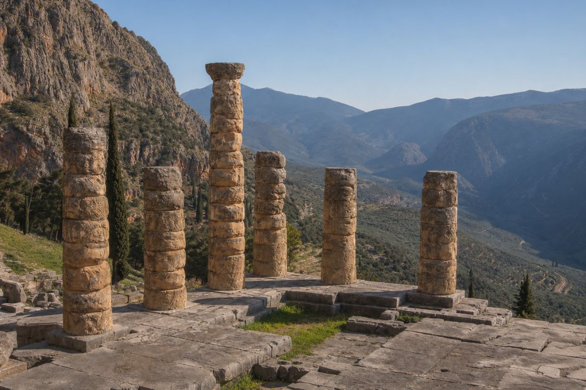 Stone columns of the Temple of Apollo at the Archaeological Site of Delphi during a guided sightseeing tour with Meteora Tours