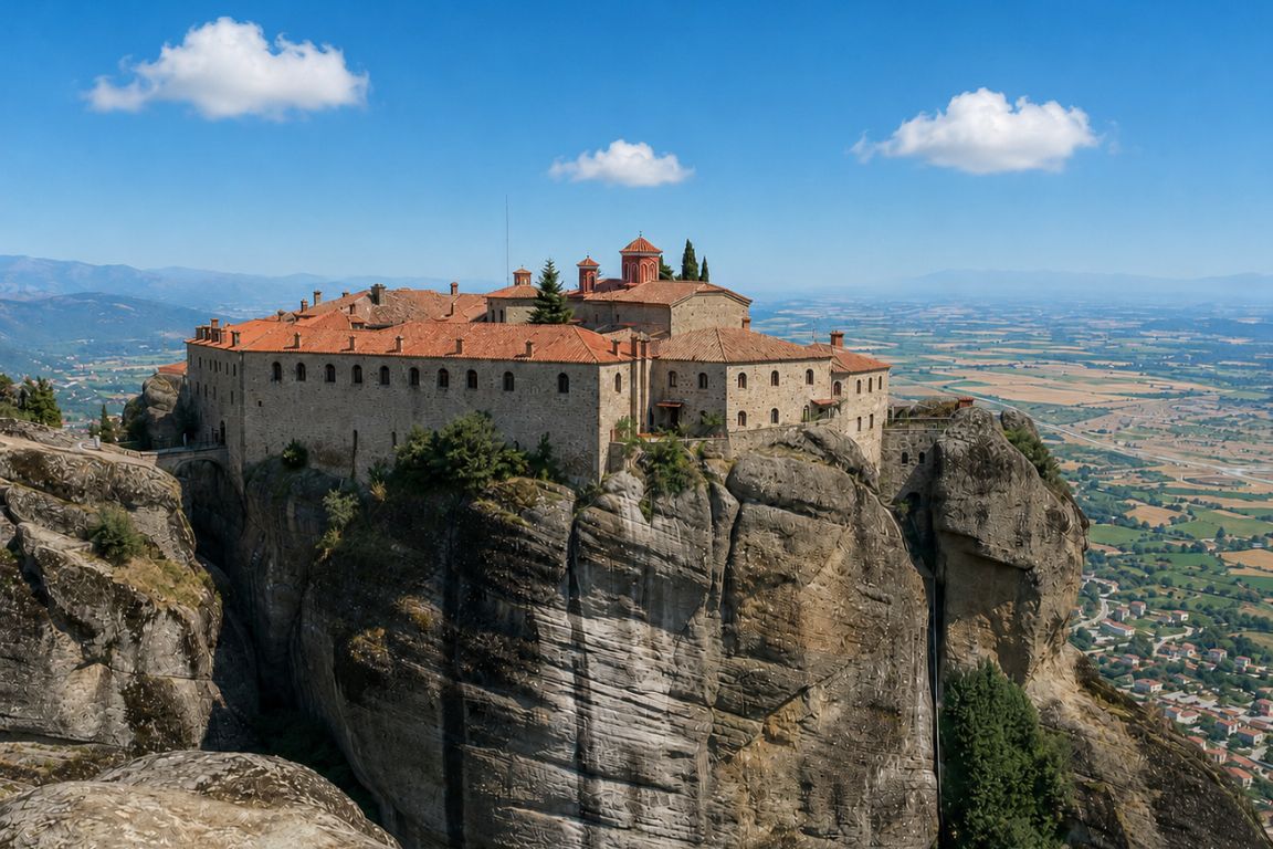 Varlaam Monastery perched atop the towering sandstone cliffs of Meteora, Greece, photographed during a guided sightseeing tour with Meteora Tours
