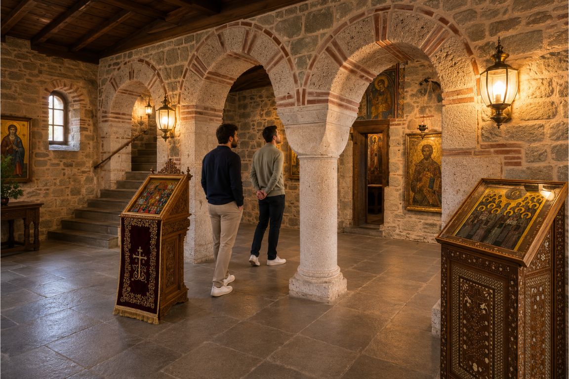 Two visitors discovering the peaceful interior of Varlaam Monastery featuring religious icons and traditional stone architecture during a tour with Meteora Tours